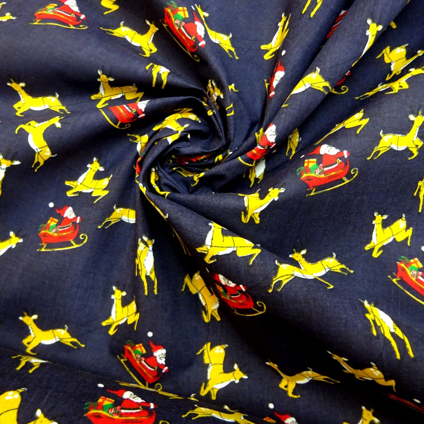 Christmas Fabric Polyester Cotton Dashing Reindeers Navy
