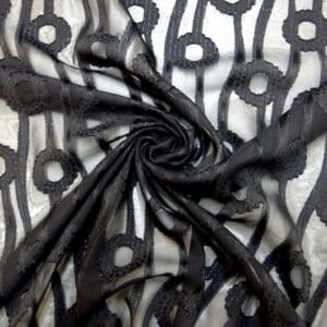 Chiffon Fabric Burnout With Silver Thread Flower Stalk Black