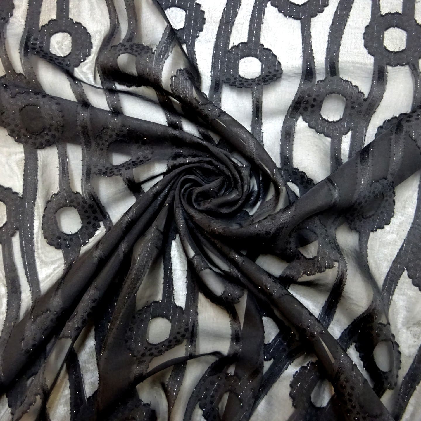Chiffon Fabric Burnout With Silver Thread Flower Stalk Black