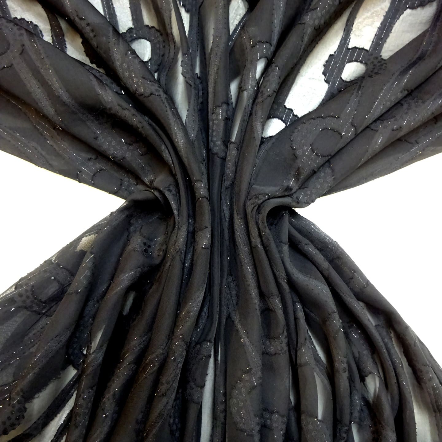 Chiffon Fabric Burnout With Silver Thread Flower Stalk Black