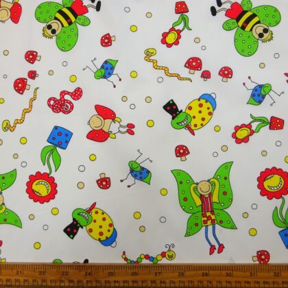 Cotton Fabric Garden Frolic Cartoons White