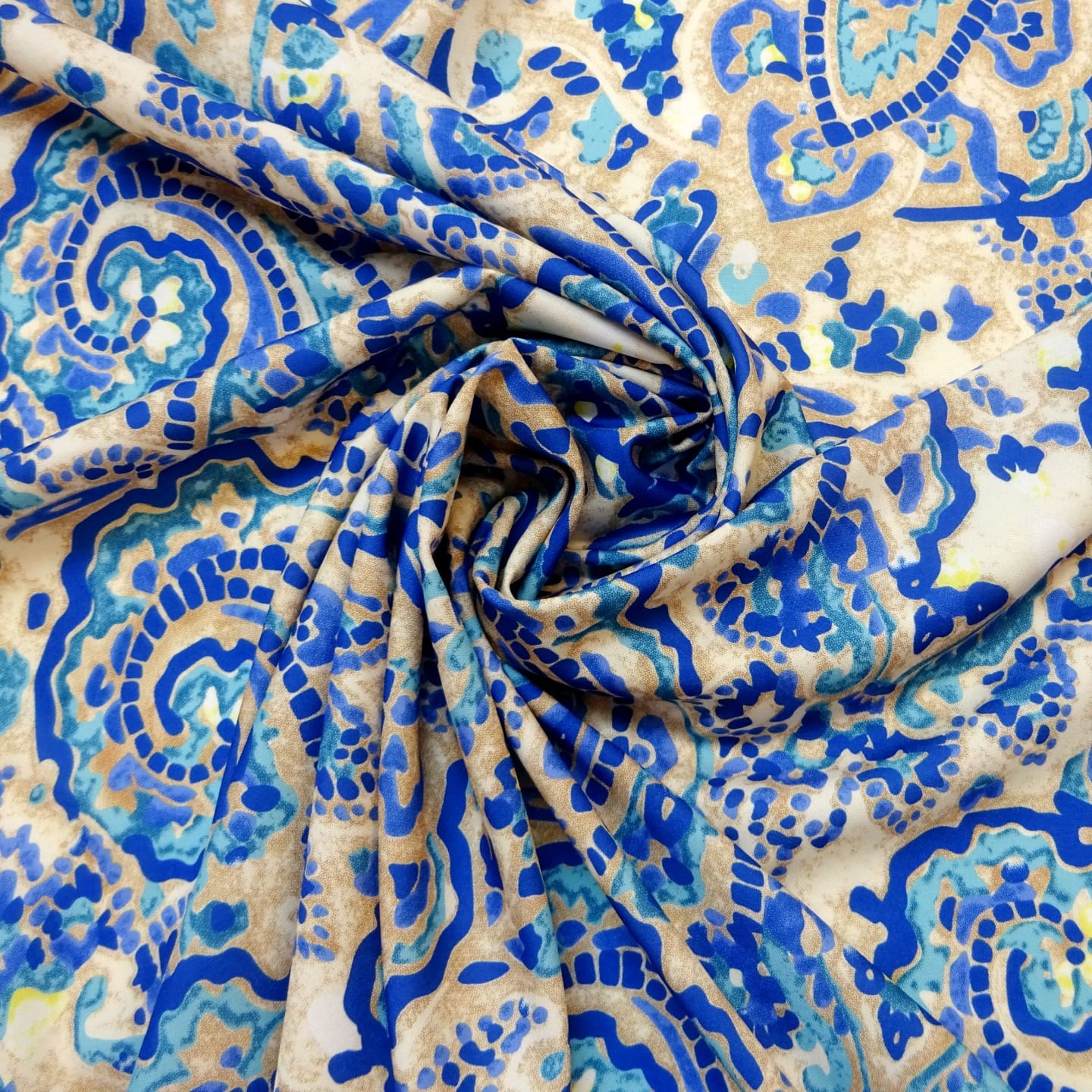 Crepe De Chine Fabric Mosaic Blue/Beige