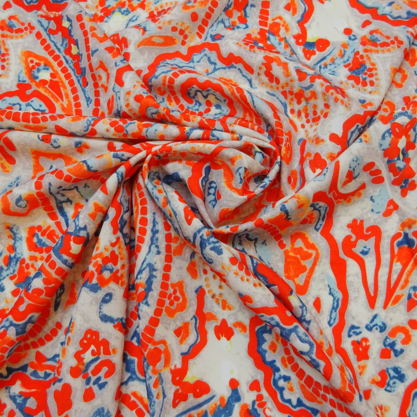 Crepe De Chine Fabric Mosaic Orange/Teal