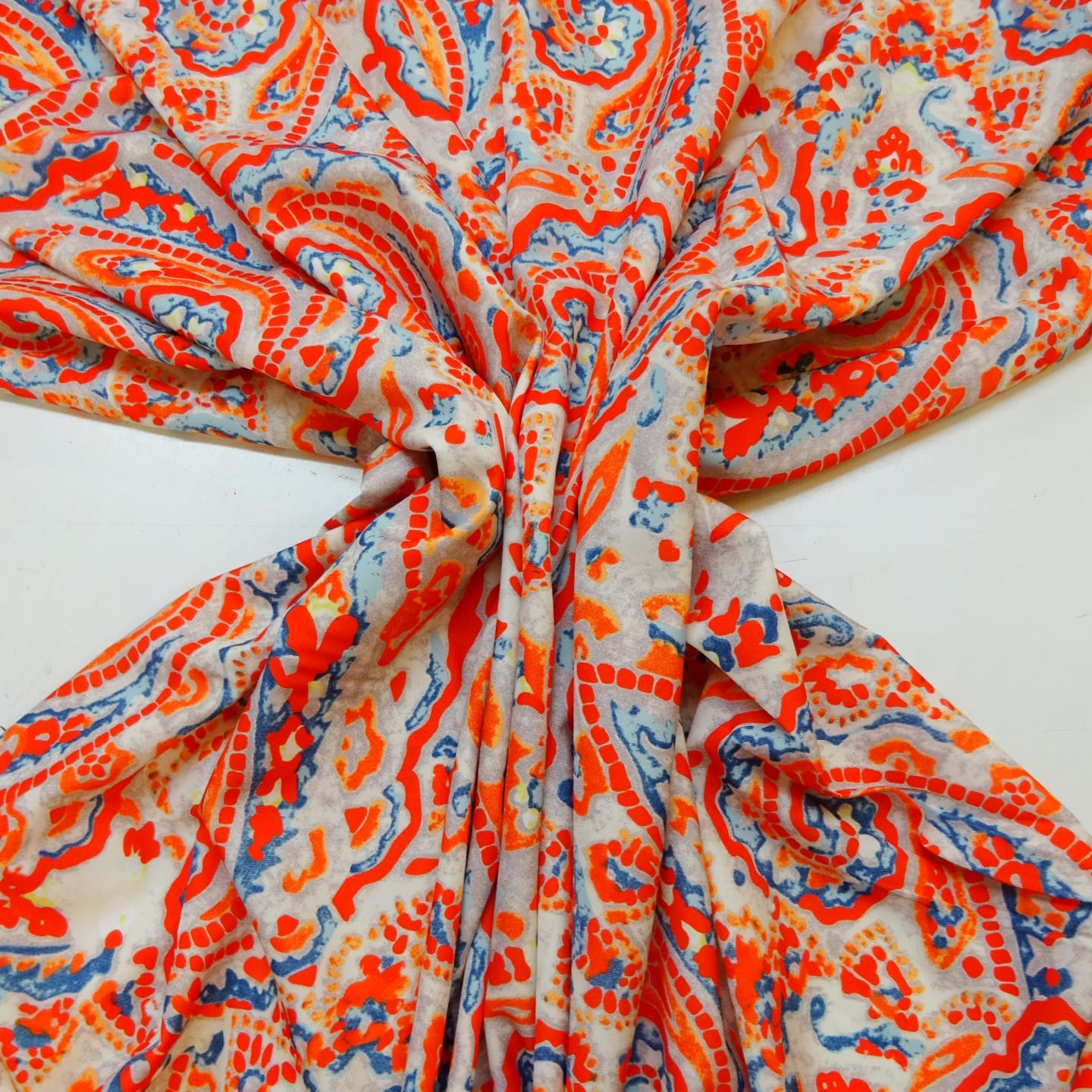 Crepe De Chine Fabric Mosaic Orange/Teal