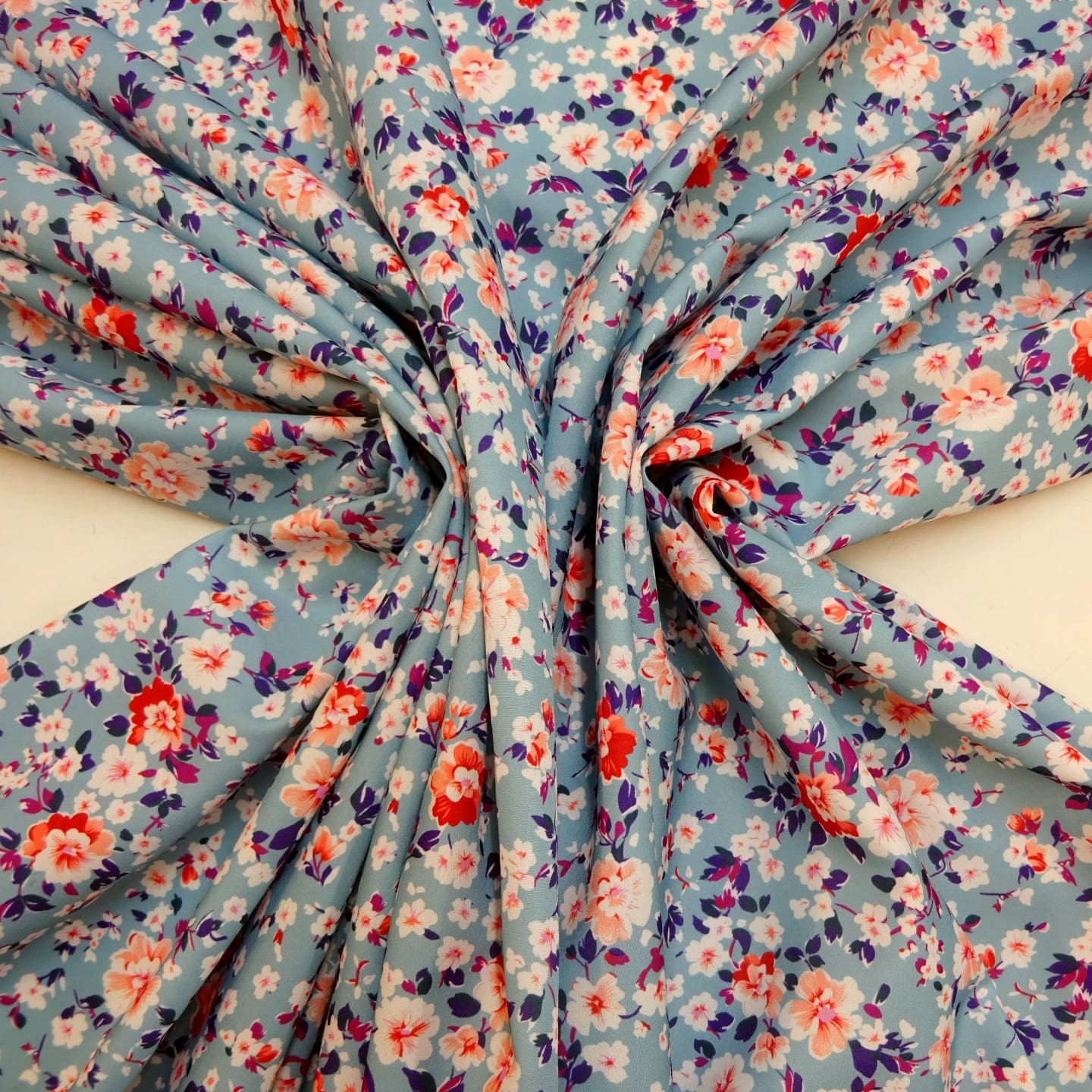 Crepe De Chine Fabric Floral Milky Pansy Blue Duck Egg