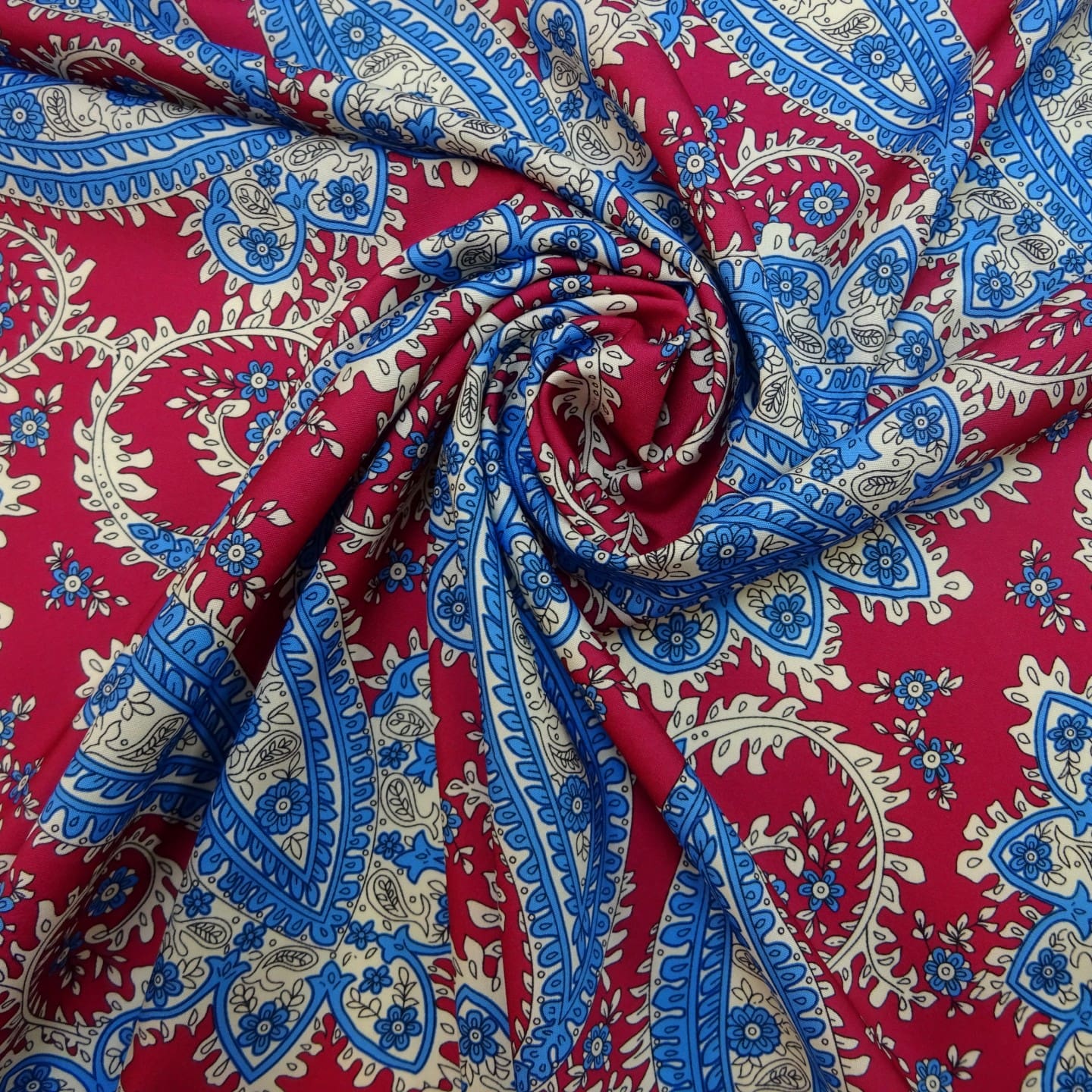 Crepe De Chine Fabric Victorian Paisley Cerise/Blue
