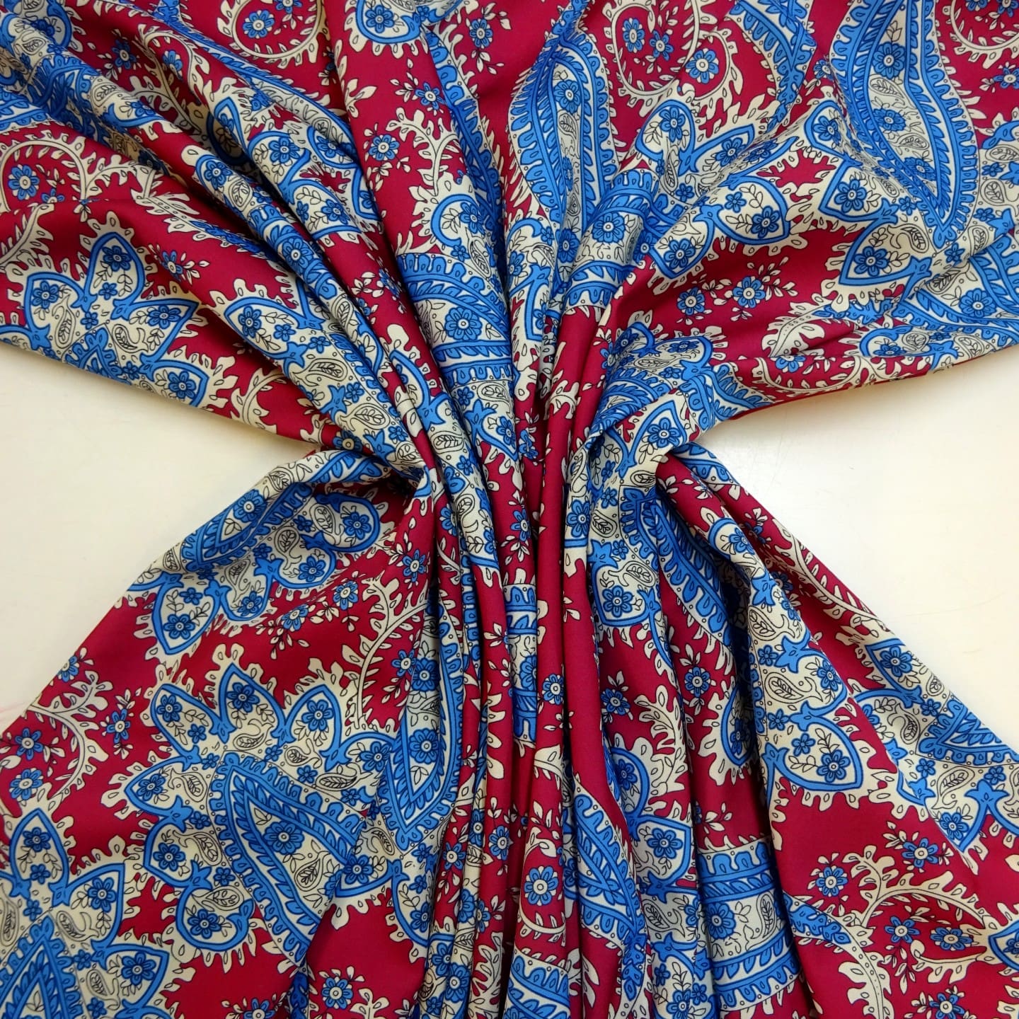 Crepe De Chine Fabric Victorian Paisley Cerise/Blue