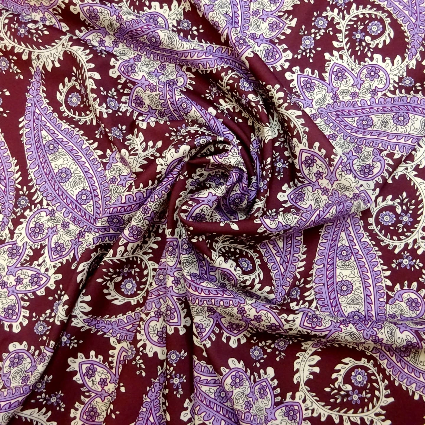 Crepe De Chine Fabric Victorian Paisley Burgundy/Mauve