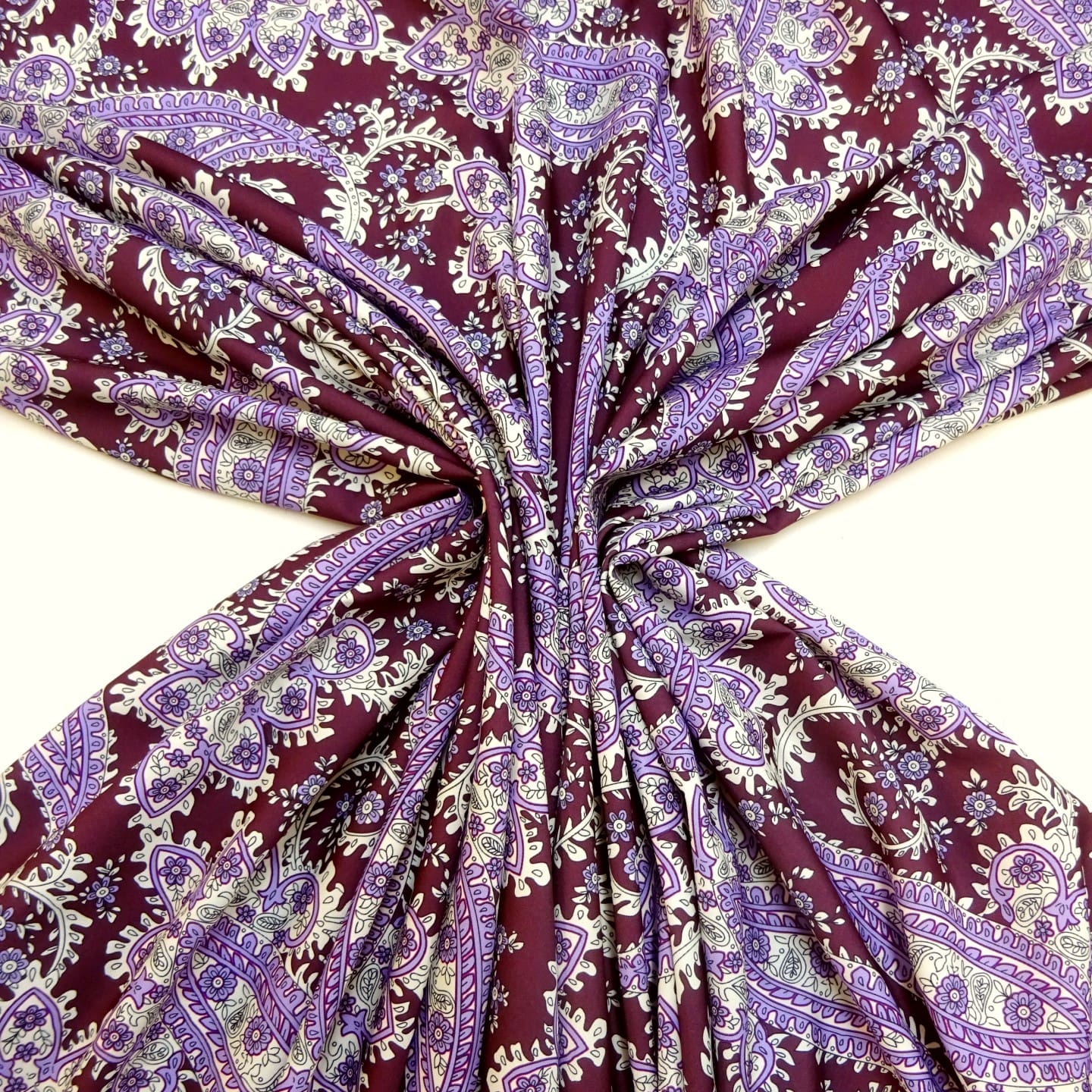 Crepe De Chine Fabric Victorian Paisley Burgundy/Mauve