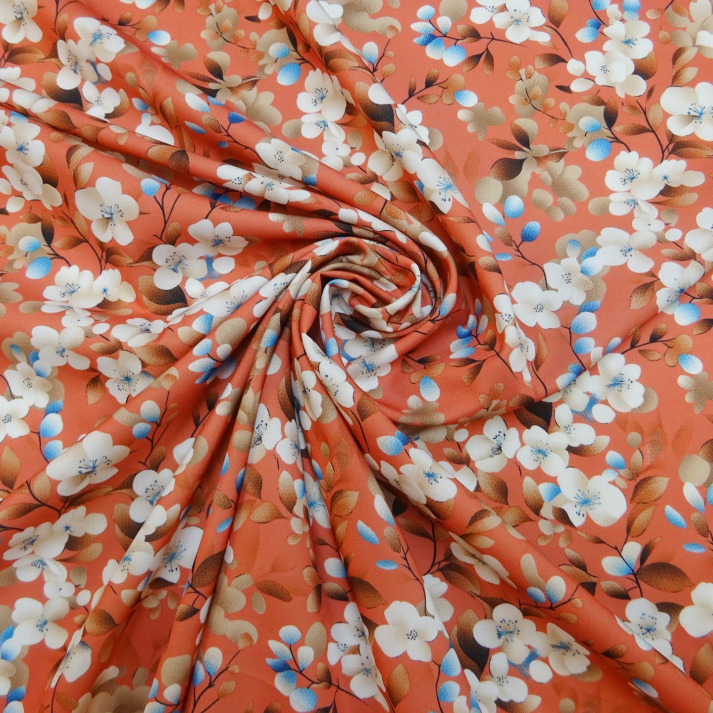 Crepe De Chine Fabric Floral Apple Blossom Coral