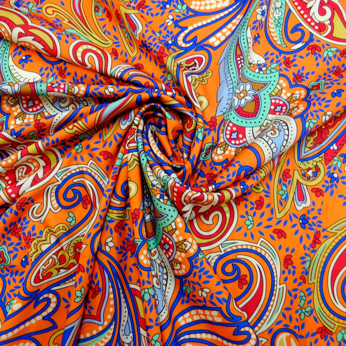 Crepe De Chine Fabric Oriental Swirl Orange