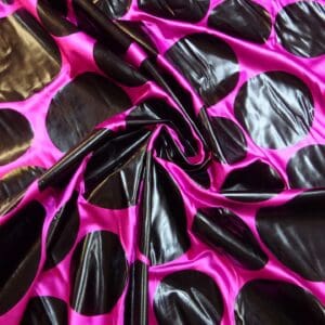 Satin Fabric Groovy Loony Random Black Foil Spots Cerise