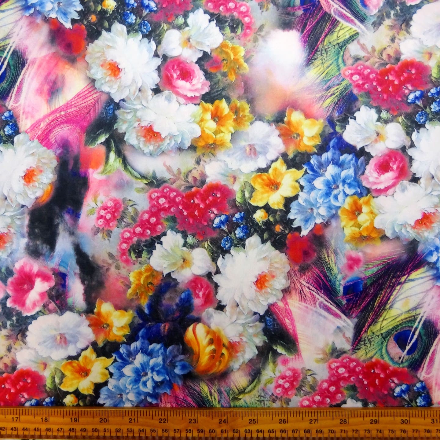 Scuba Jersey Fabric London Garden Blue Pink Ivory