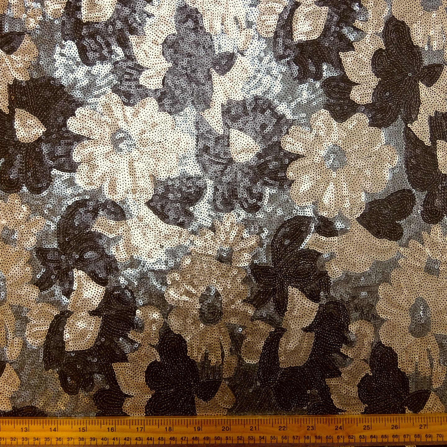 Sequin Fabric On Netting Golden Sunflowers With Gunmetal Sequins