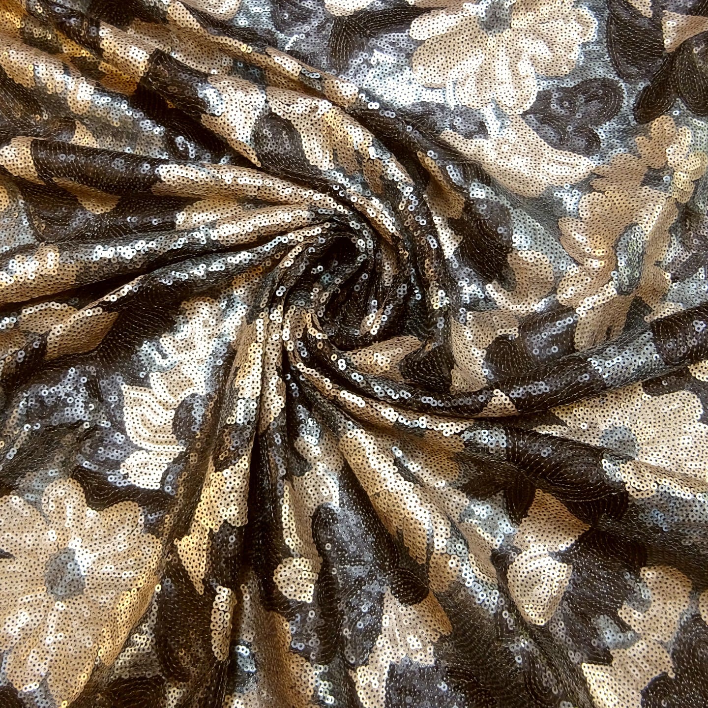 Sequin Fabric On Netting Golden Sunflowers With Gunmetal Sequins