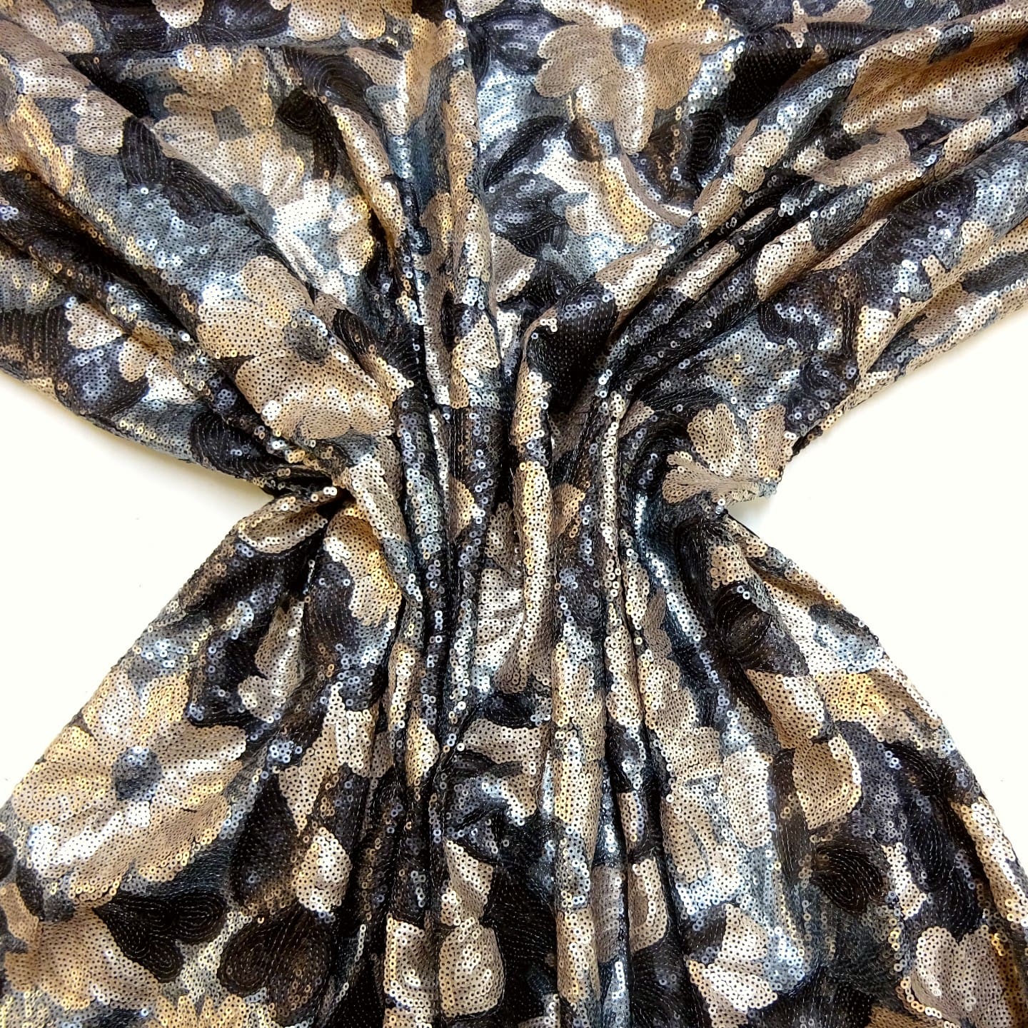 Sequin Fabric On Netting Golden Sunflowers With Gunmetal Sequins