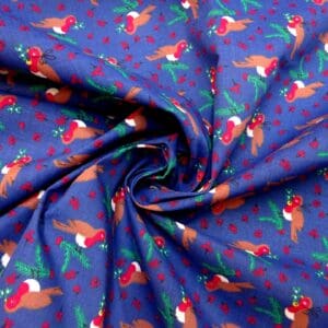 Christmas Polyester Cotton Fabric Christmas Robins Navy