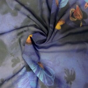 Chiffon Fabric Floral Acorn Husks Blue Turquoise