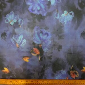 Chiffon Fabric Floral Acorn Husks Blue Turquoise