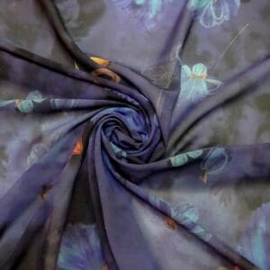 Chiffon Fabric Floral Acorn Husks Blue Turquoise