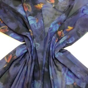 Chiffon Fabric Floral Acorn Husks Blue Turquoise