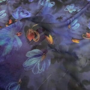 Chiffon Fabric Floral Acorn Husks Blue Turquoise